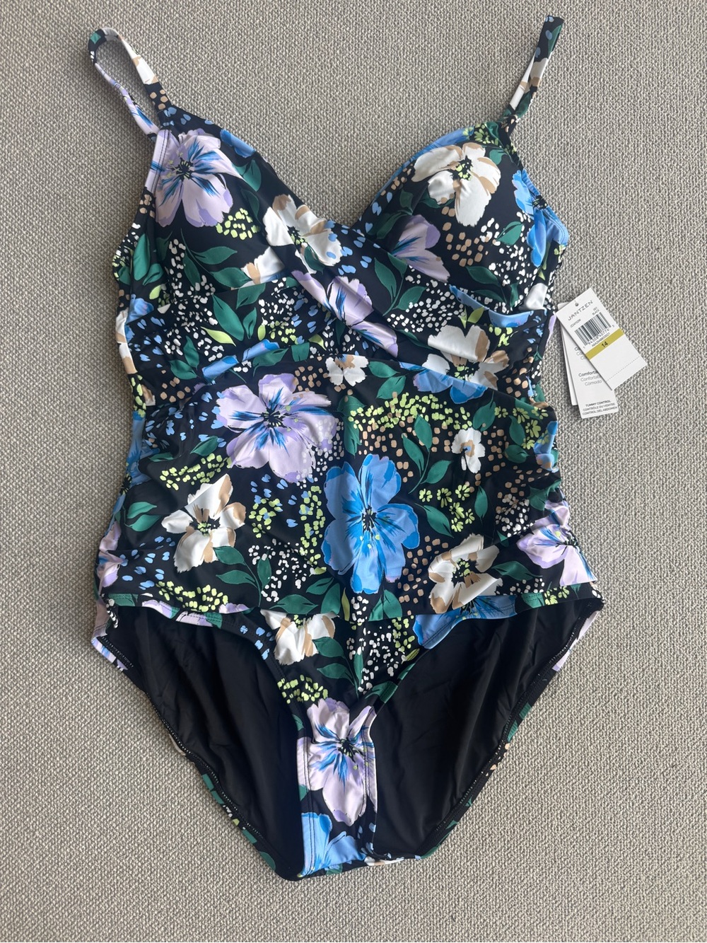 NWT Jantzen Black Blue Floral Tummy Control One Piece Swimsuit Size 14 - Picture 3 of 6